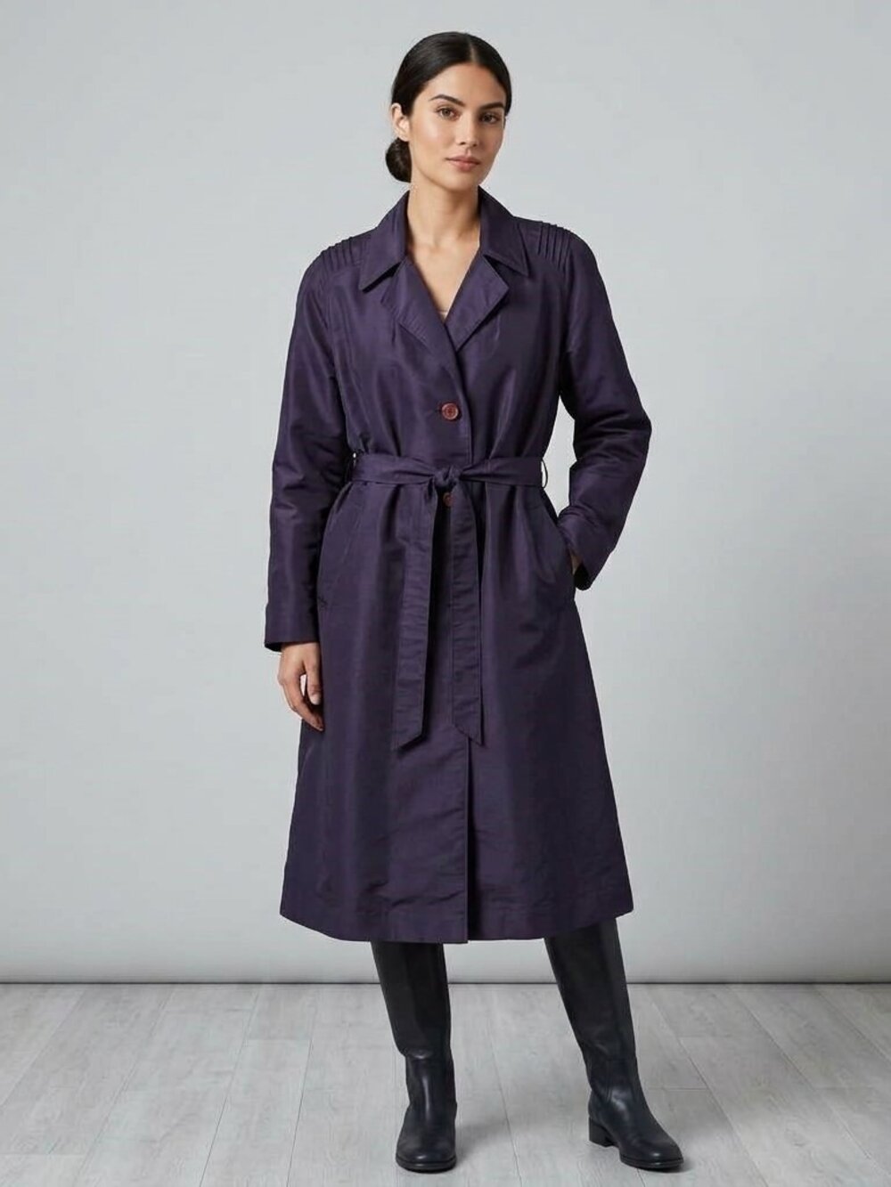 Vintage 2X Fennelli Paris Womens Dark Purple Navy Blue Trench Coat Belted